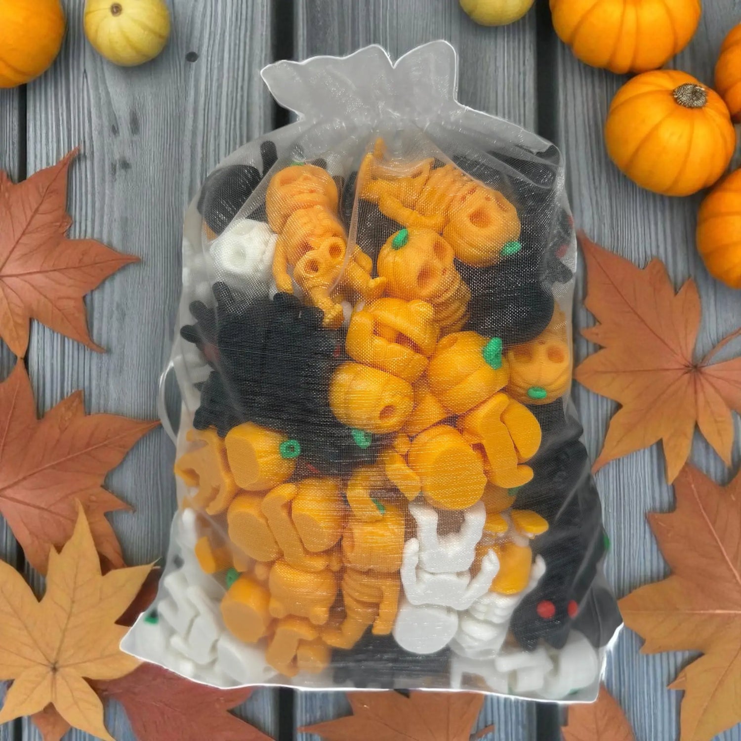 halloween themed gift bag full of mini fidget figurine