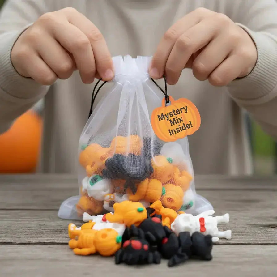 halloween themed gift bag full of mini fidget figurine
