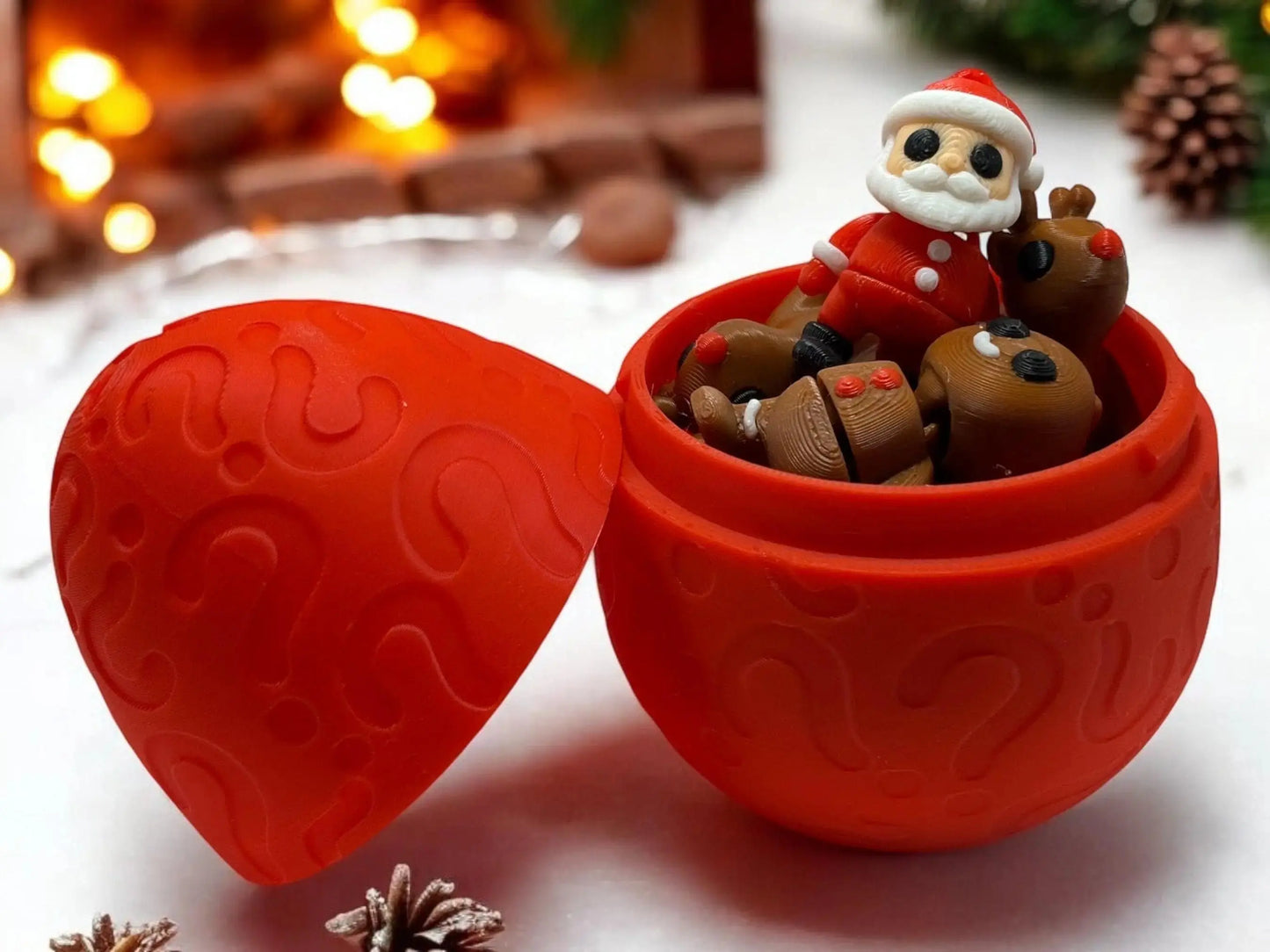 Christmas mystery egg with holiday-themed mini toys and festive packaging
