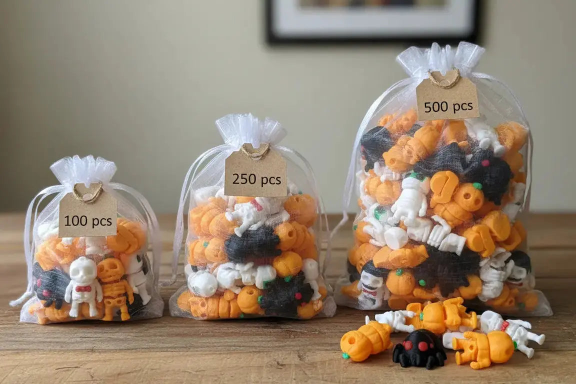 Three clear bags with toy figures and labels on a wooden surface