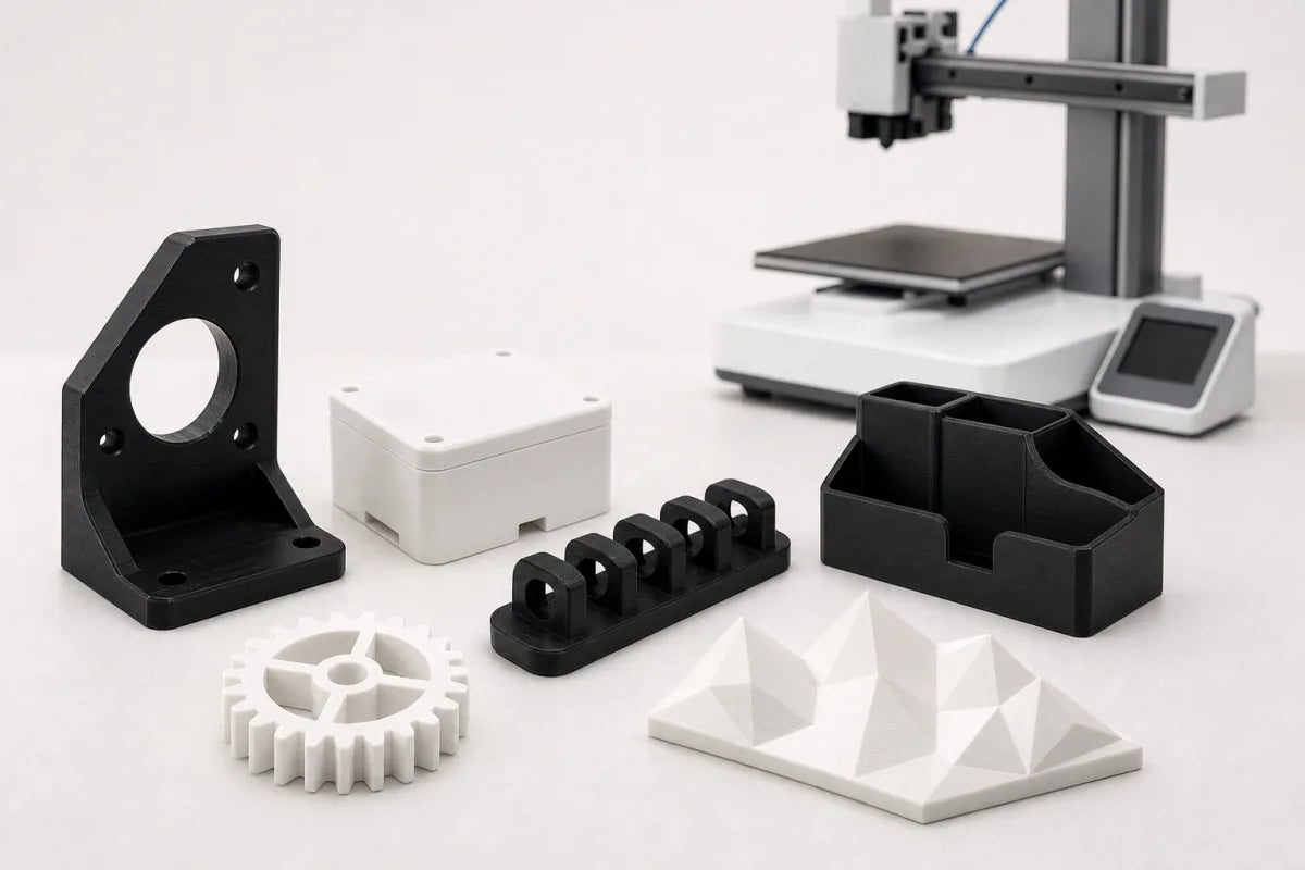 Examples of black and white custom PLA printed parts