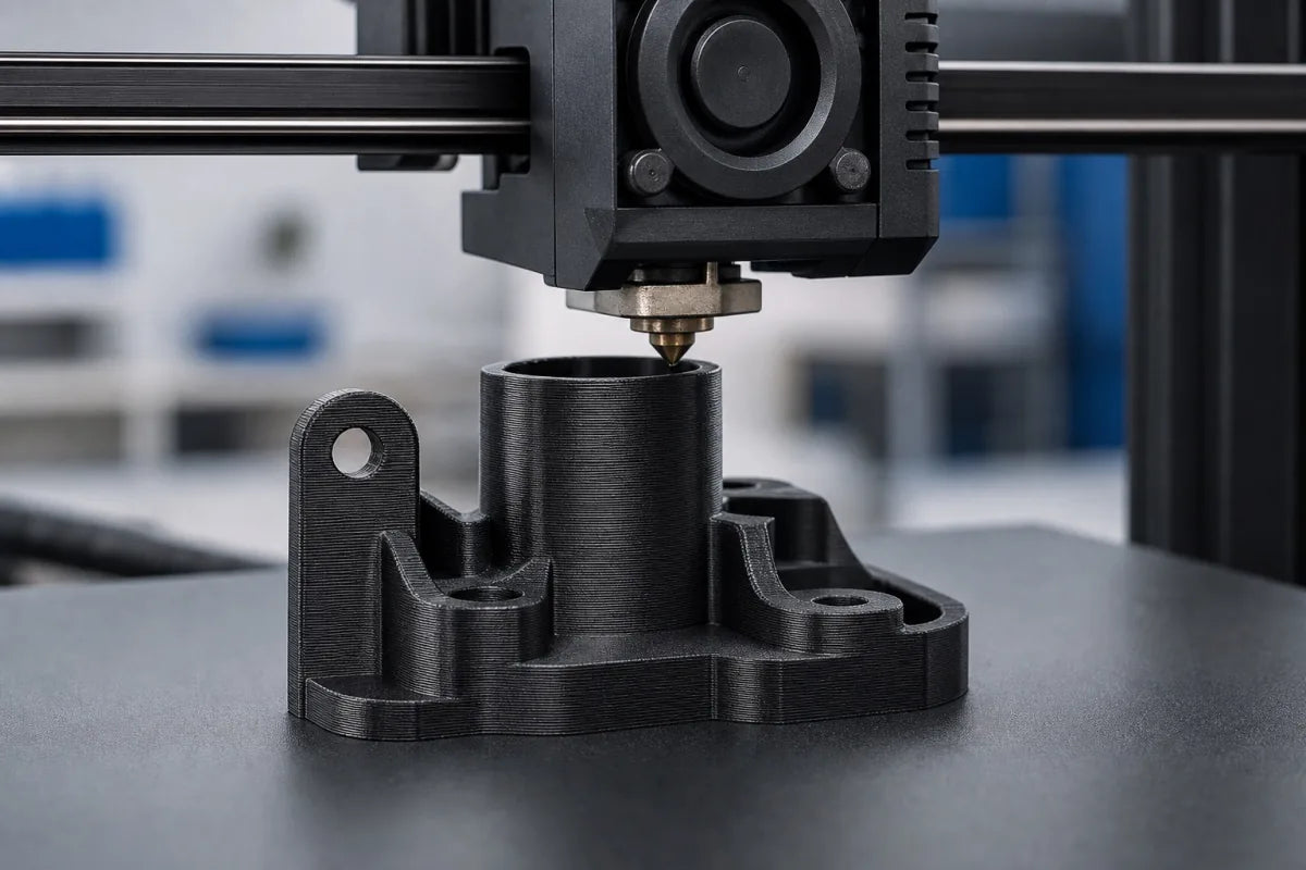 A black PLA functional part being 3D printed