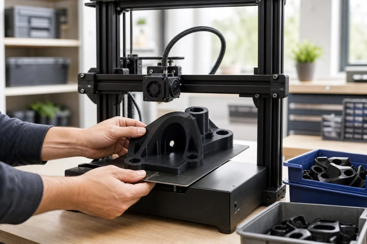 A finished PLA part being removed from a 3D printer