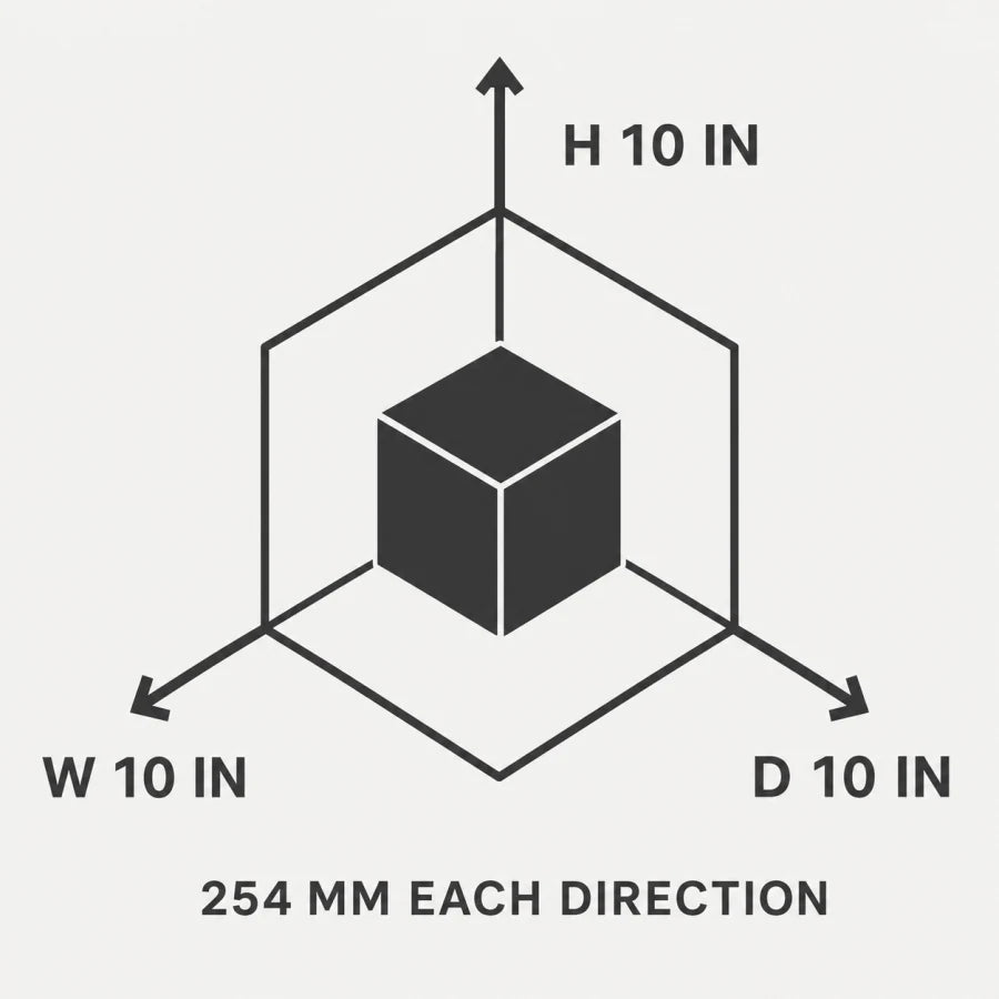 Isometric maximum build volume: 10 inches wide, 10 inches high, and 10 inches deep