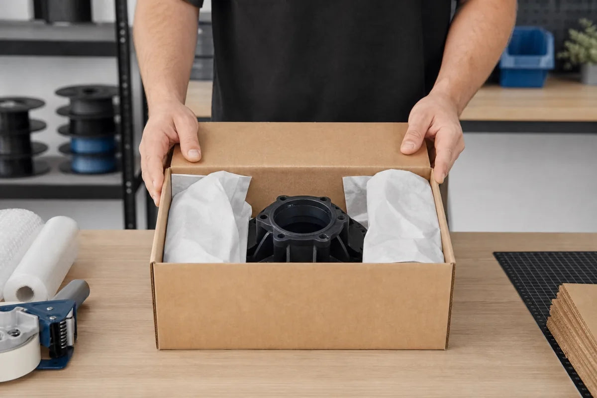A finished 3D printed part carefully packed for shipping